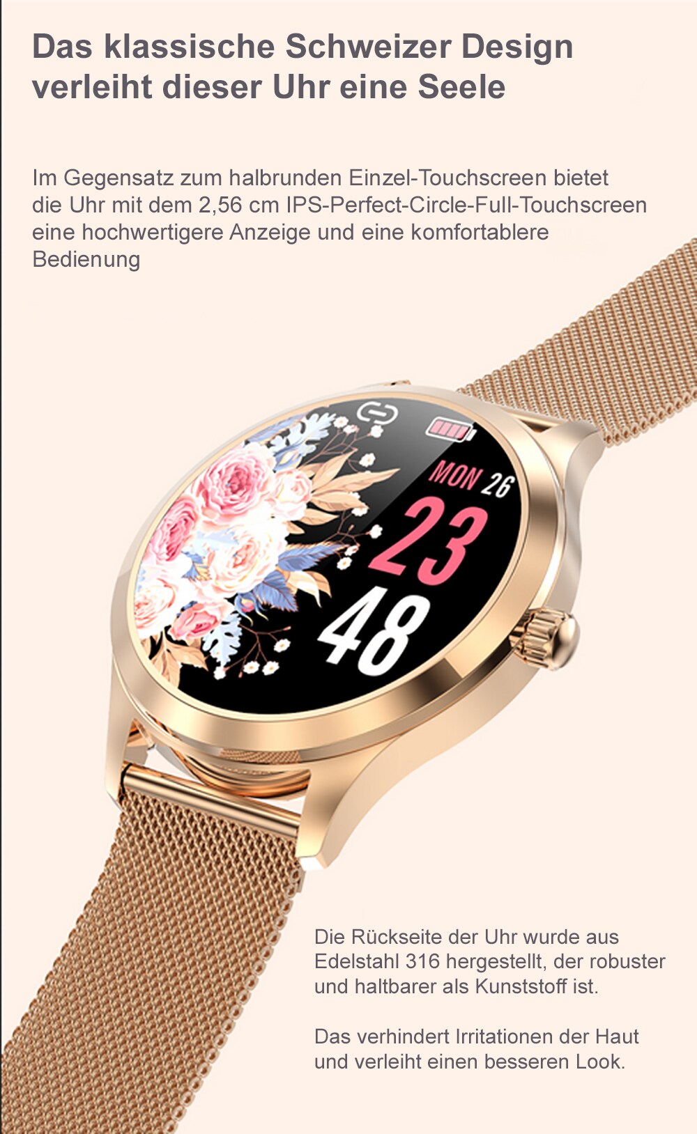 TPFNet Damen Smart Watch / Fitness Tracker IP68 - Milanaise Armband - Android & IOS - Gold