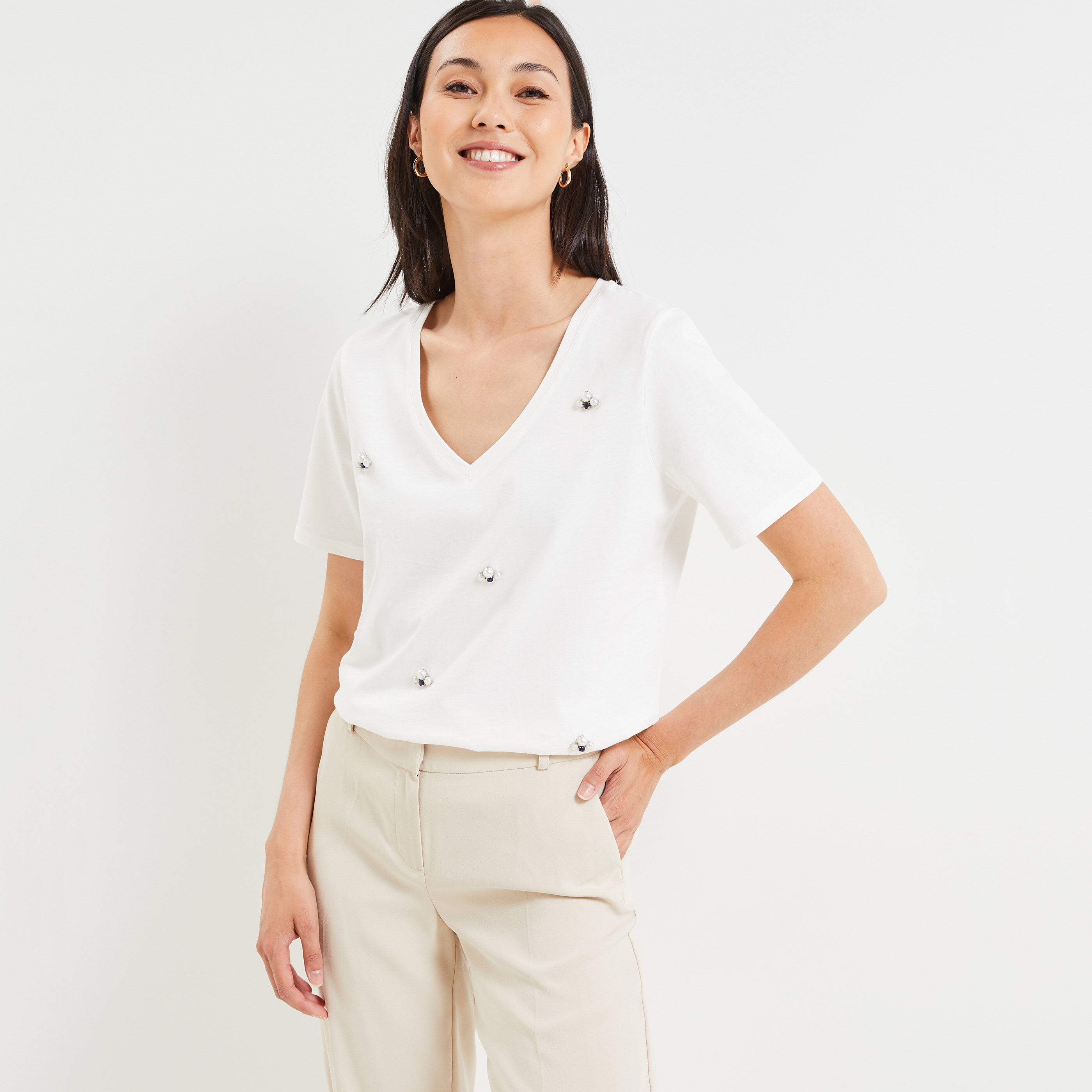 Tshirt perlé femme - BLANC CASSE