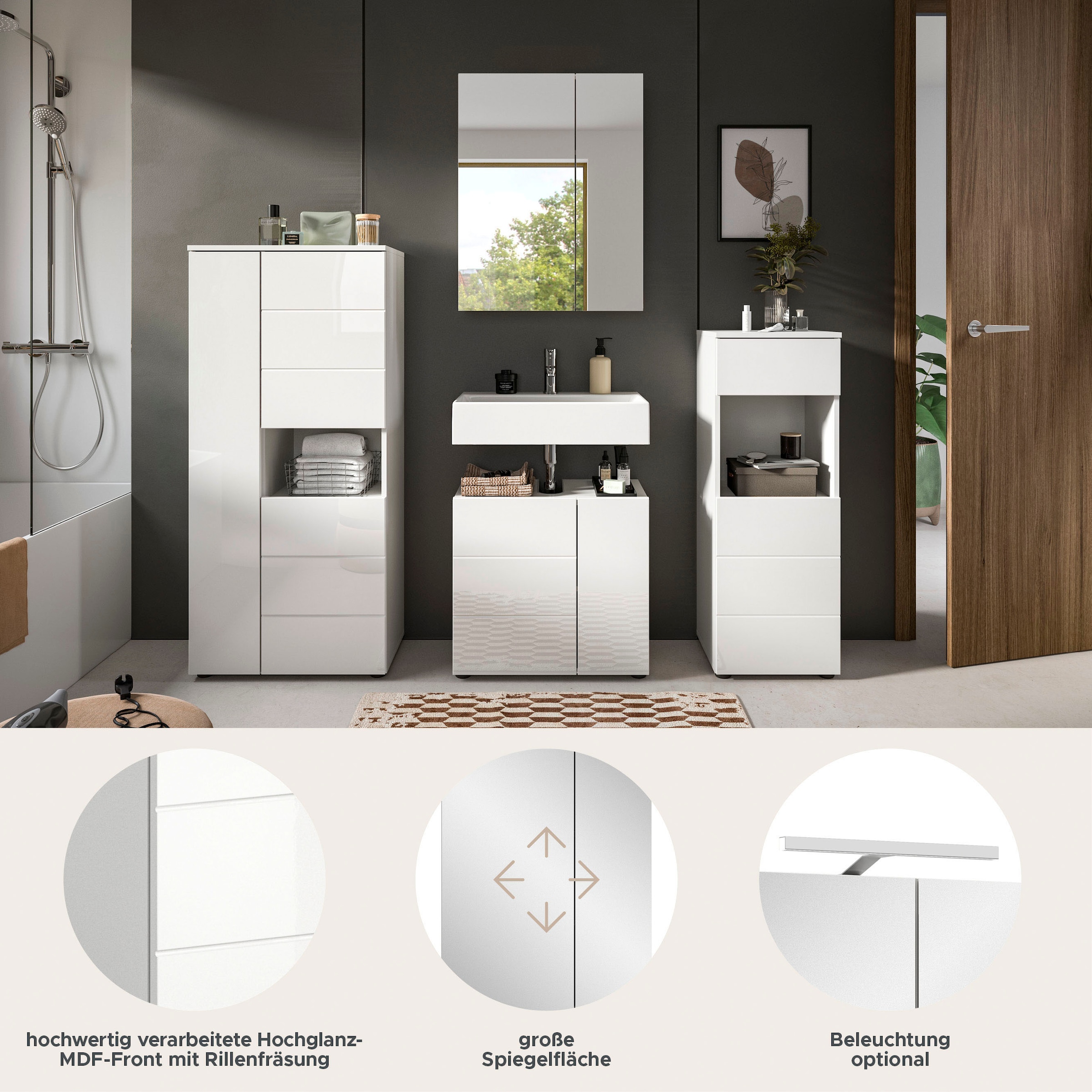 welltime Badmöbel-Set »Biel, Höhe 190 cm, Midischrank, Unterschrank, Spiegel, Standschrank« 4 Stk. tlg.