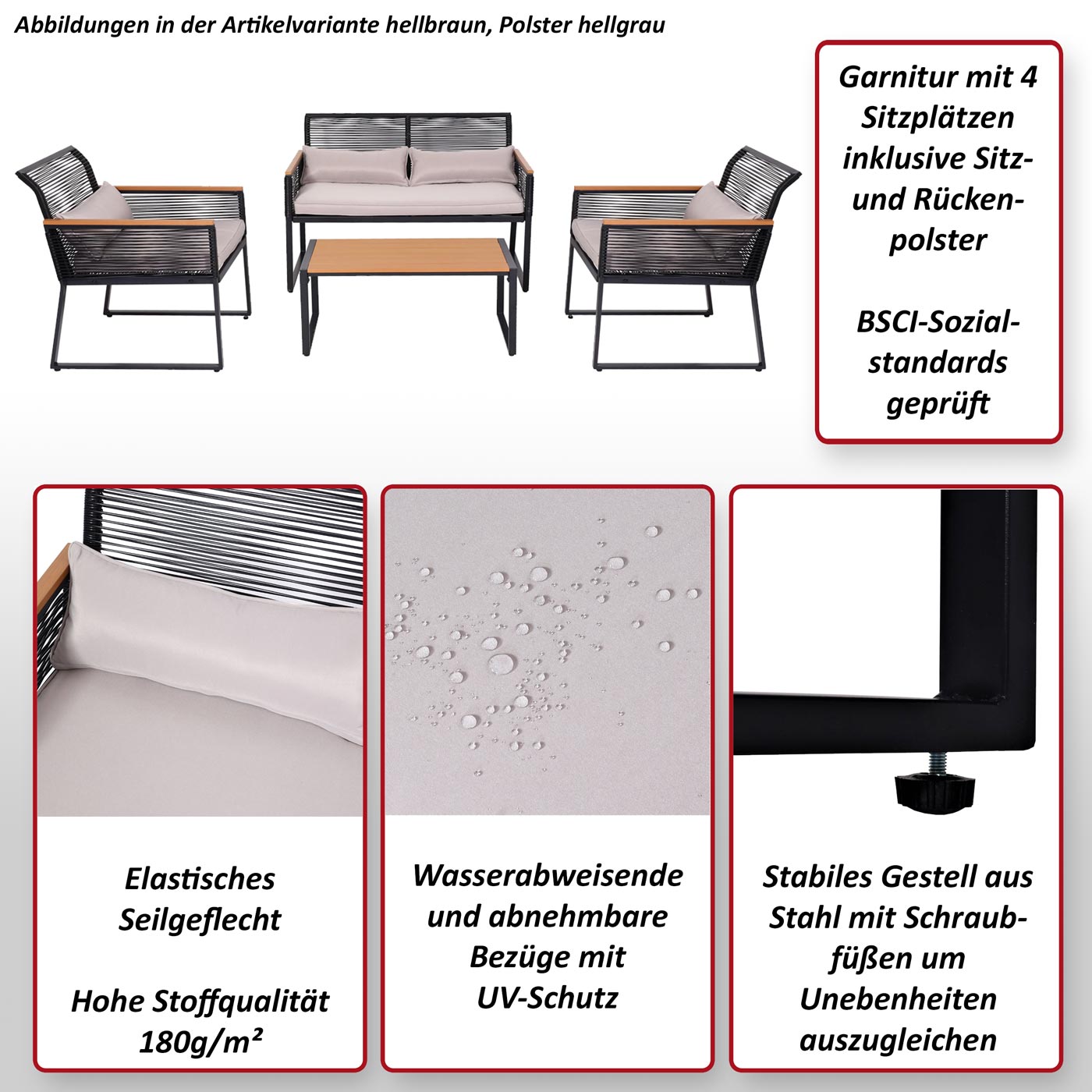 Garten-Garnitur MCW-K42, Gartenlounge Lounge-Set Sitzgruppe Sofa, Seilgeflecht Rope Holzoptik Stahl, Polster hellgrau