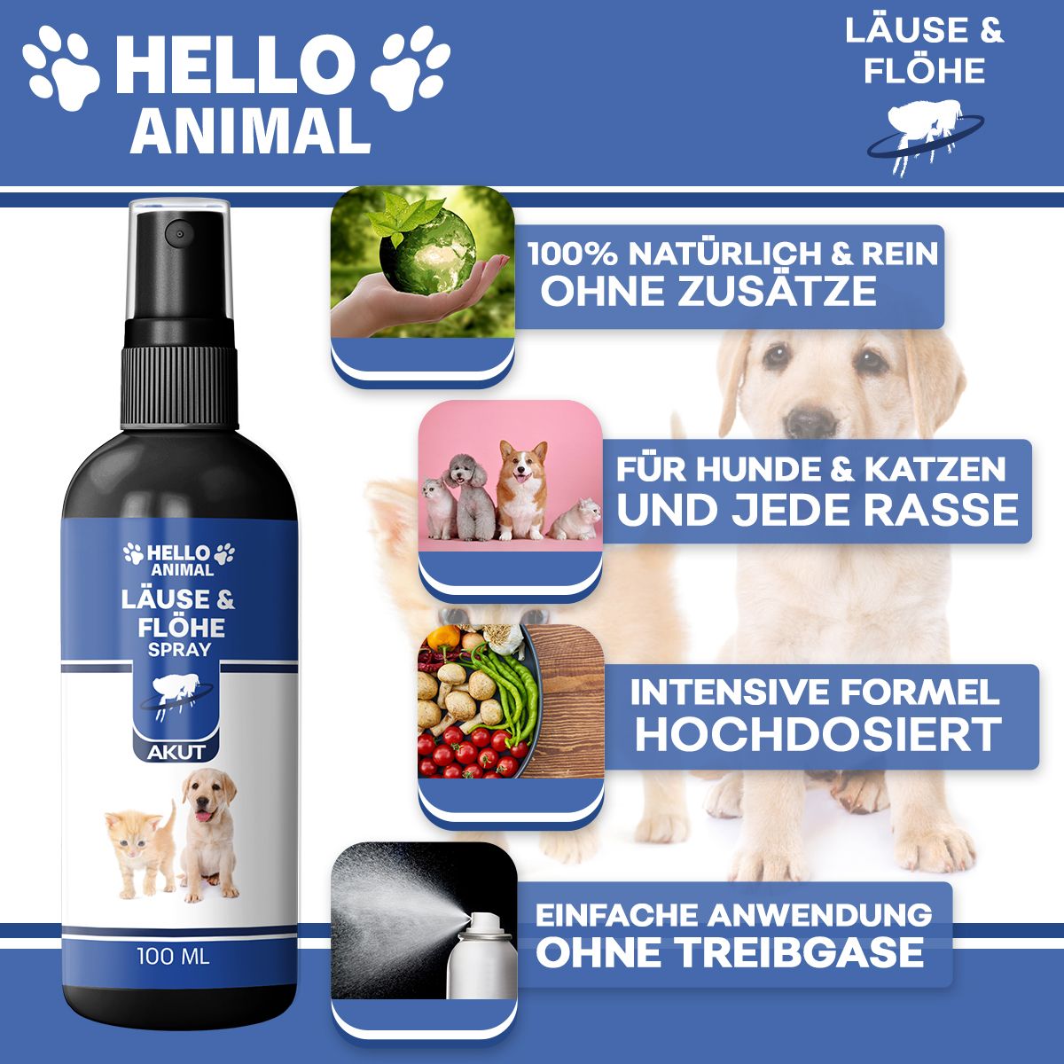 Hello Animal® | Läuse & Flöhe Spray für Hund & Katze