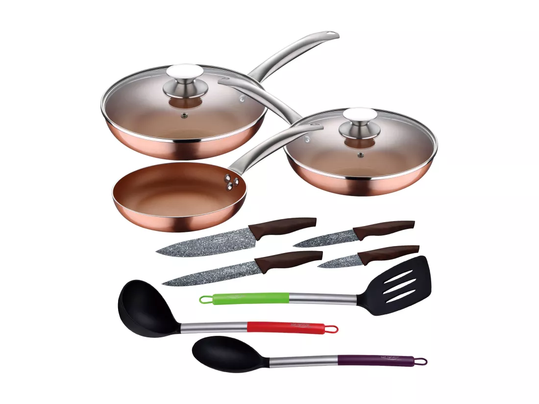 Set 5pc poêles à frire (avec couvercle) en aluminium pressé induction avec Set 3pc ustensiles de cuisine en nylon avec Set 4pc couteaux en acier inoxydable