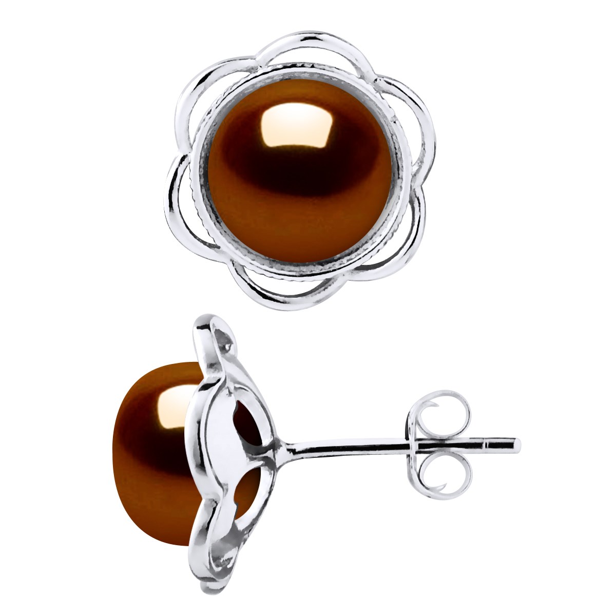 Clous d'Oreilles FLEUR Perles d'Eau Douce Boutons 8-9 mm Chocolat Argent 925