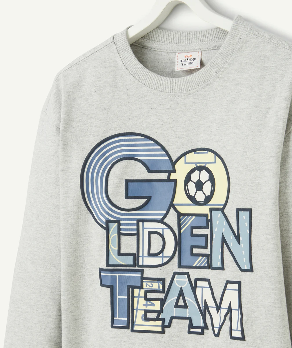 T-SHIRT GARÇON EN COTON BIO GRIS CHINÉ AVEC MESSAGE THÈME BASKET