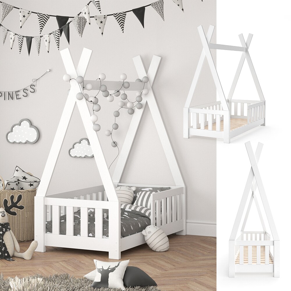 VITALISPA Kinderbett TIPI Indianer Bett Kinderhaus Holz Hausbett 70x140cm Weiß