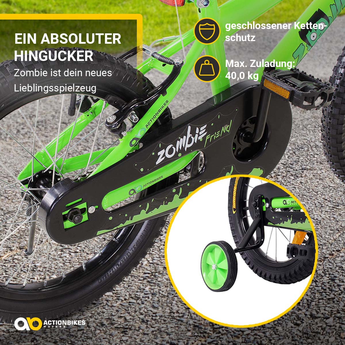 Actionbikes Kinderfahrrad Zombie 16 Zoll, V-Brake-Bremsen, höhenverstellbar, Stützräder, Reflektoren