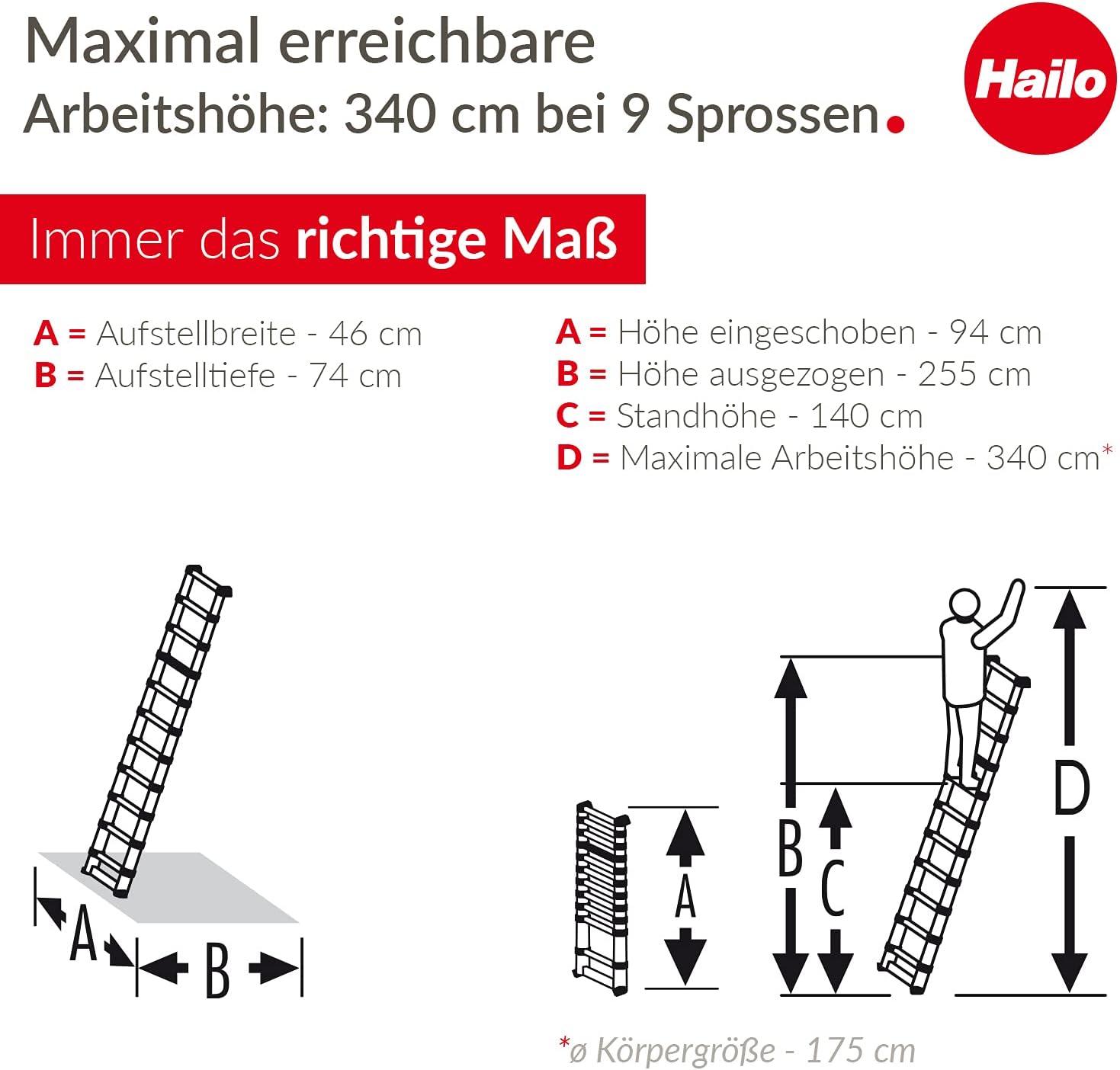 Hailo T80 FlexLine Alu-Sicherheits-Teleskopleiter - ausziehbare Anlegeleiter mit 9 Sprossen - Arbeitshöhe bis 340 cm - Gewicht 8,1 kg - Silber