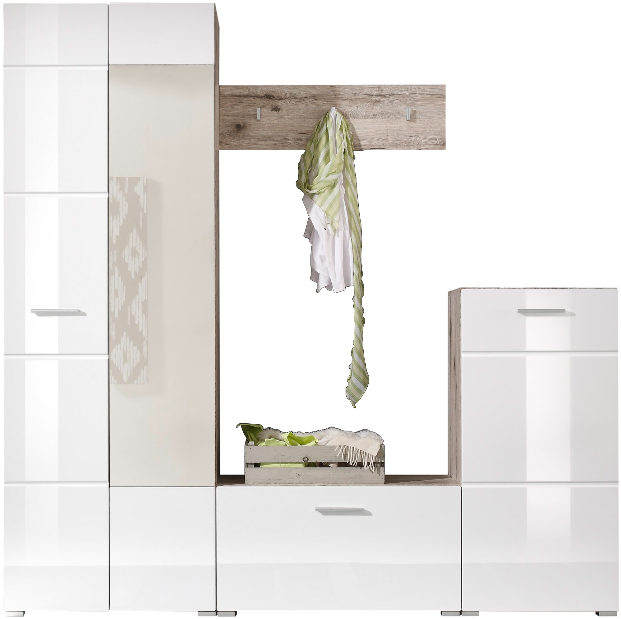HBZ Kompaktgarderobe »SIXX Weiss Hochglanz, Flurgarderobe mit Spiegel, BxHxT 195x195x36 cm« 1 Stk. tlg. Mit Hochschrank mit Spiegel, Bank, Paneel und Kommode