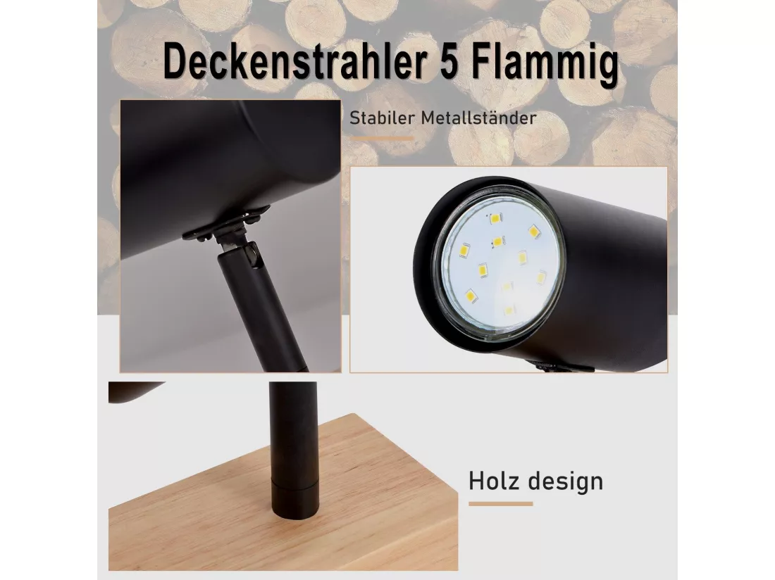 NETTLIFE Spot de Plafond 5 Flammes Bois Noir Vintage GU10 Orientable 350°