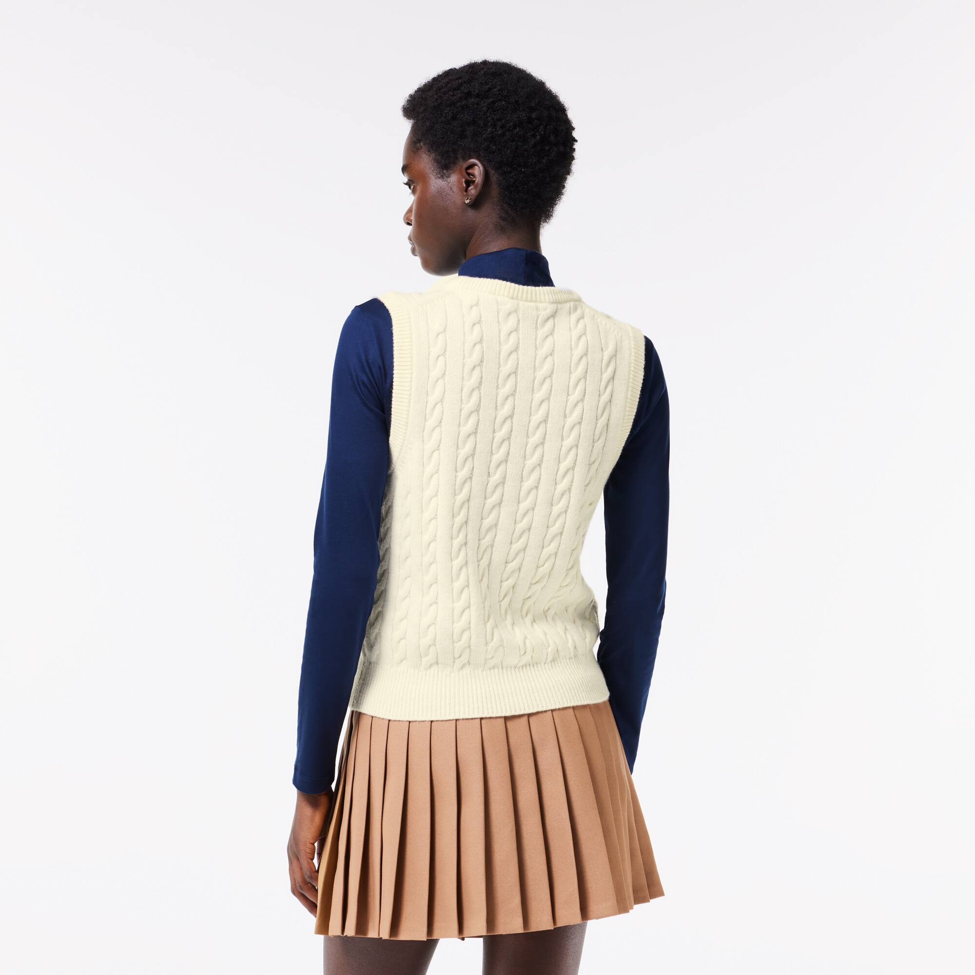 Cardigan sans manche à torsades en coton et laine Pullovers - Blanc - Lacoste - Femme