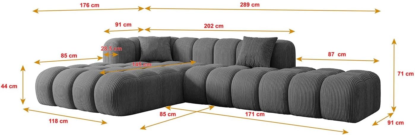 ALTDECOR Ecksofa in L-Form Corner Sofa Bett Eckcouch Couch Wohnlandschaft Cauchsofa Olea-L2-289x176x71 cm Duneklgrau