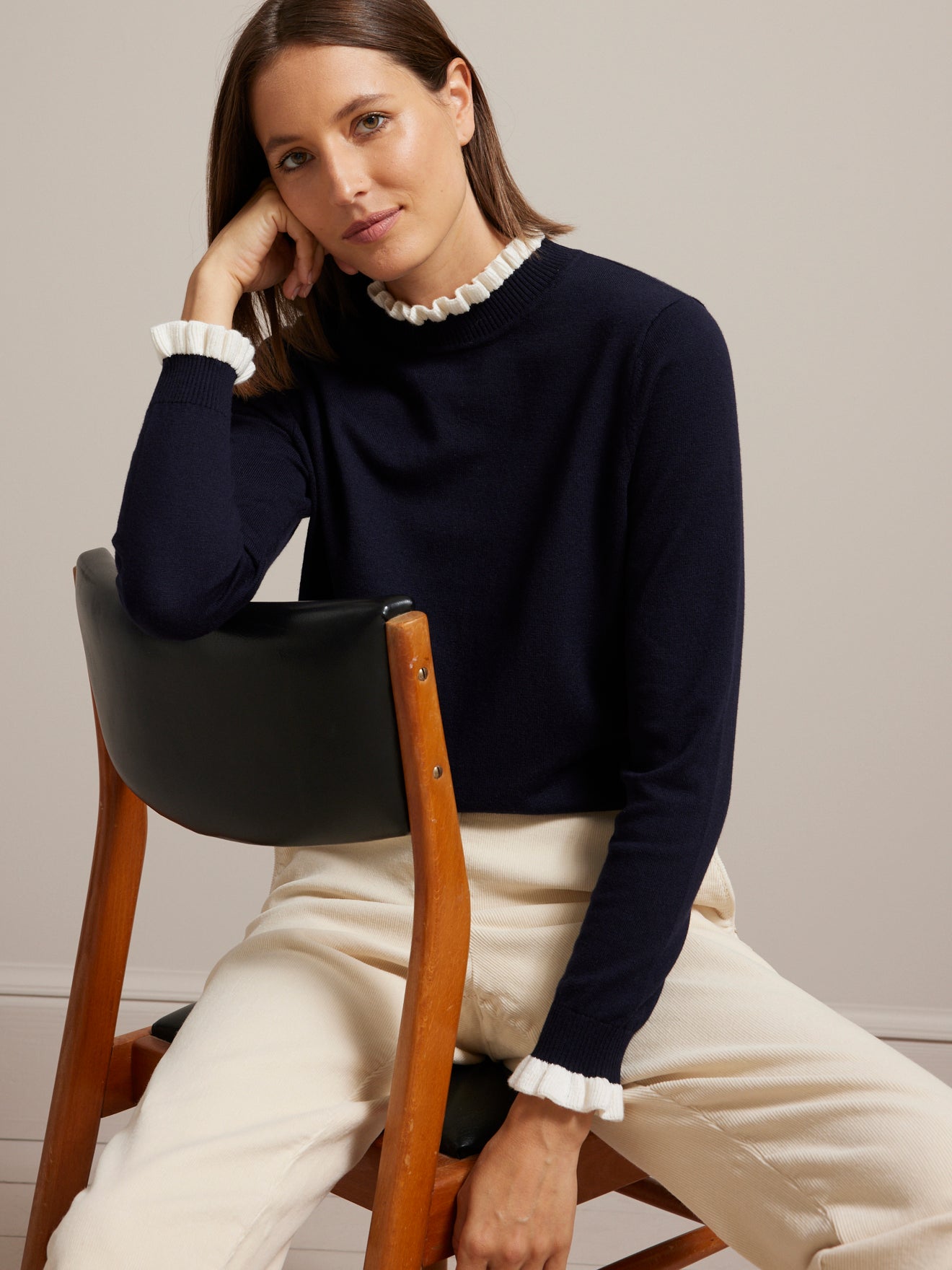 Pull col volanté femme laine mérinos RWS*