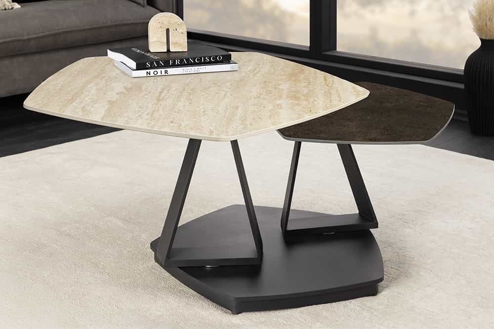 Design Couchtisch MOVEMENT rost Pentagon drehbar Travertin Keramik schwarz Metall