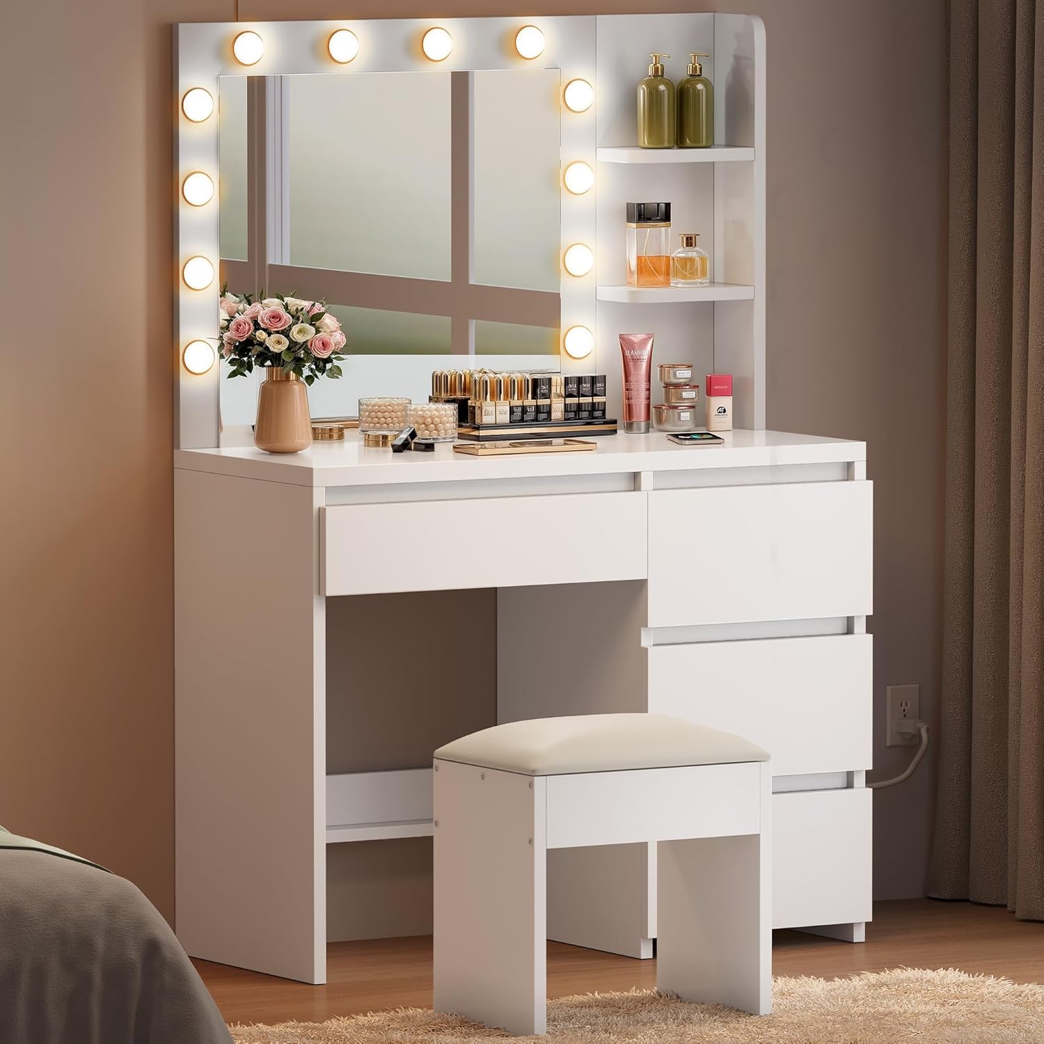 YITAHOME Schminktisch mit Beleuchtung, Dressing Table mit Spiegel Schminktische mit Hocker 3 Farben mit Einstellbarer Helligkeit, Frisiertisch mit 4 Schubladen Offenen Fächern Vanity Table weiß