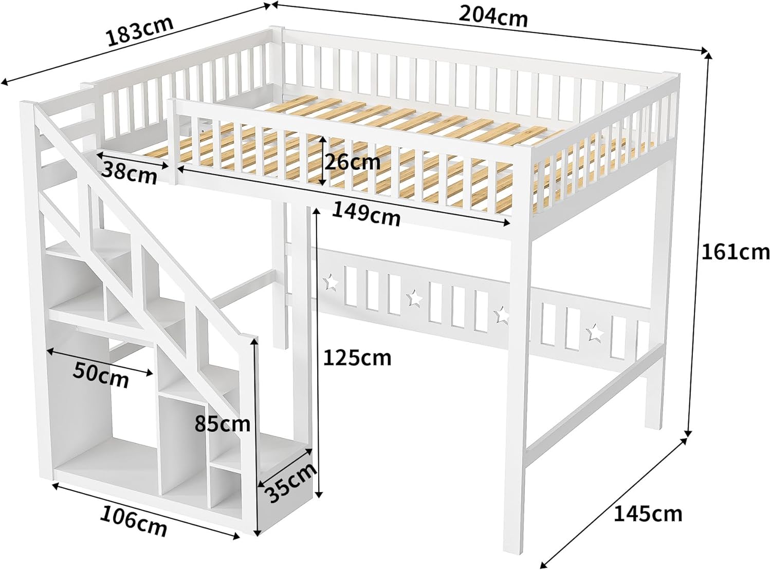 Kinderbett Etagenbett 140x200, Hochbett 140 x 200 mit Treppe, Staurau, Gitter und Rausfallschutz, Hochbett für 2 Kinder, Jugendhochbett mit Lattenrost, Kiefer, Ohne Matratze (Weiß A01, 140x200)