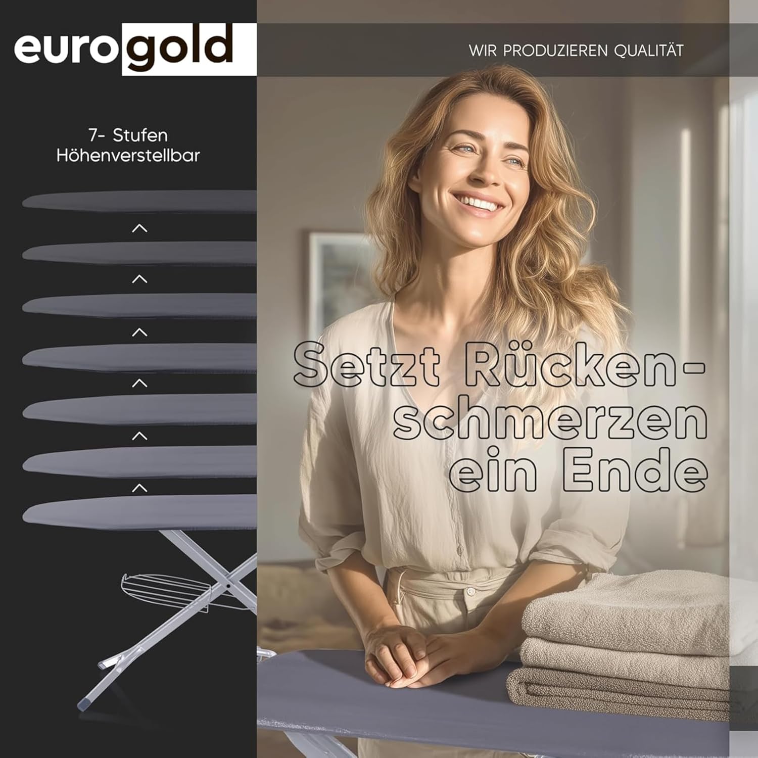 EUROGOLD Bügelbrett für Dampfbügelstation 130x48 cm – Bügelbrett XXL mit Steckdose, höhenverstellbarer Bügeltisch klappbar, mit Ärmelbrett & Bügeleisenablage, Oeko-TEX Baumwollbezug (Grey)