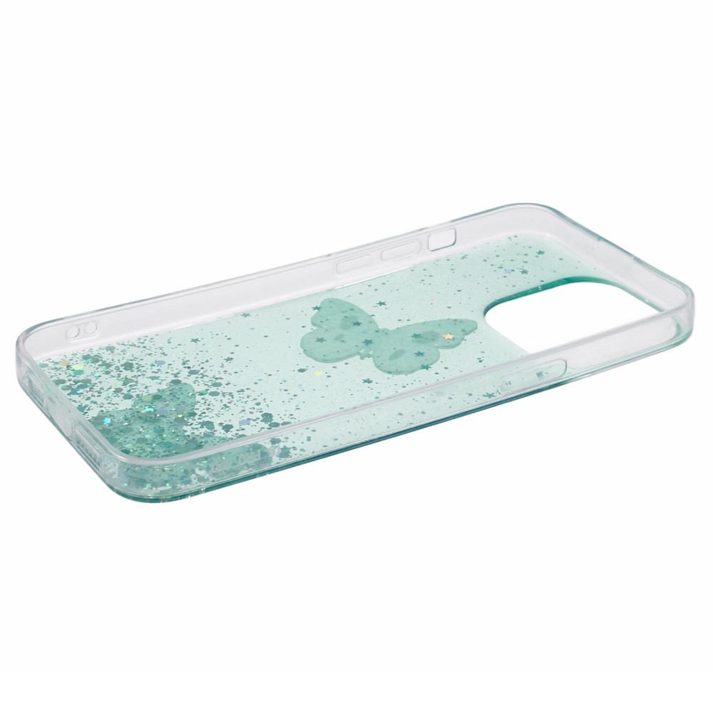 iPhone 16 Pro Hybrid Hardcase Schutzhülle im Glitzer Design Schmetterling - Grün / Transparent