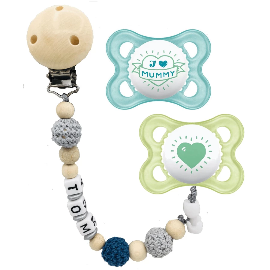 Schnullireich Schnullerkette mit Namen + MAM Schnuller Mummy 2-6 Mon. Blau