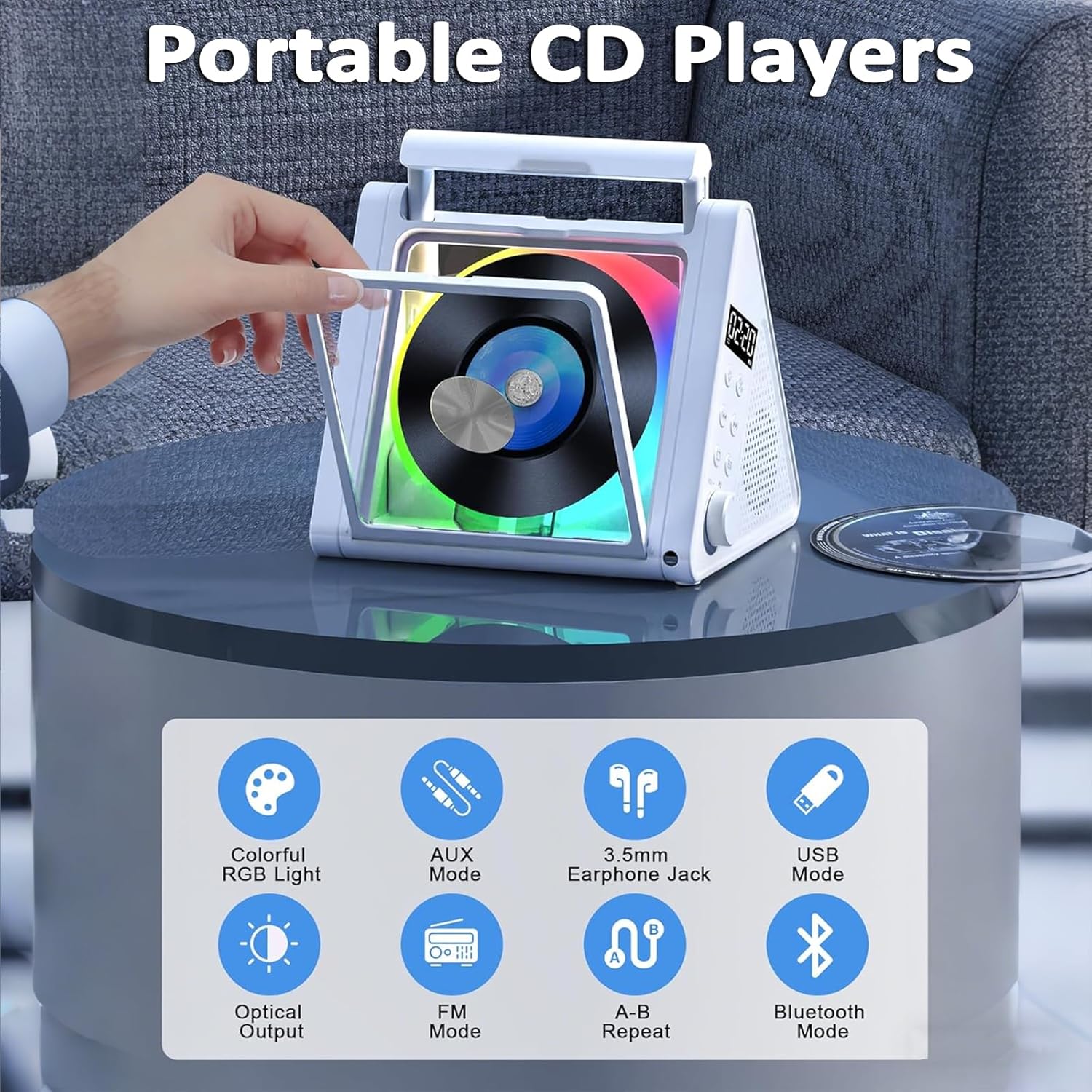 Portable CD Players for Home, Rechargeable CD Player, 2 * 5W HiFi Speakers, Suppor Bluetooth 5.3/USB/AUX, Desktop CD Player with Colorful Lights, RGB Coloured Lights, for Home/Office(Black)