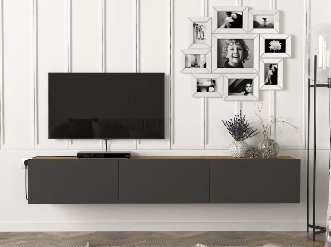 Meuble TV suspendu avec 3 portes - Anthracite et Naturel clair - VIKILA