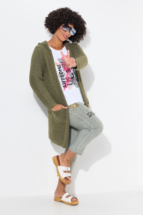 Long-Strickjacke, Noppen-Struktur, Kapuze