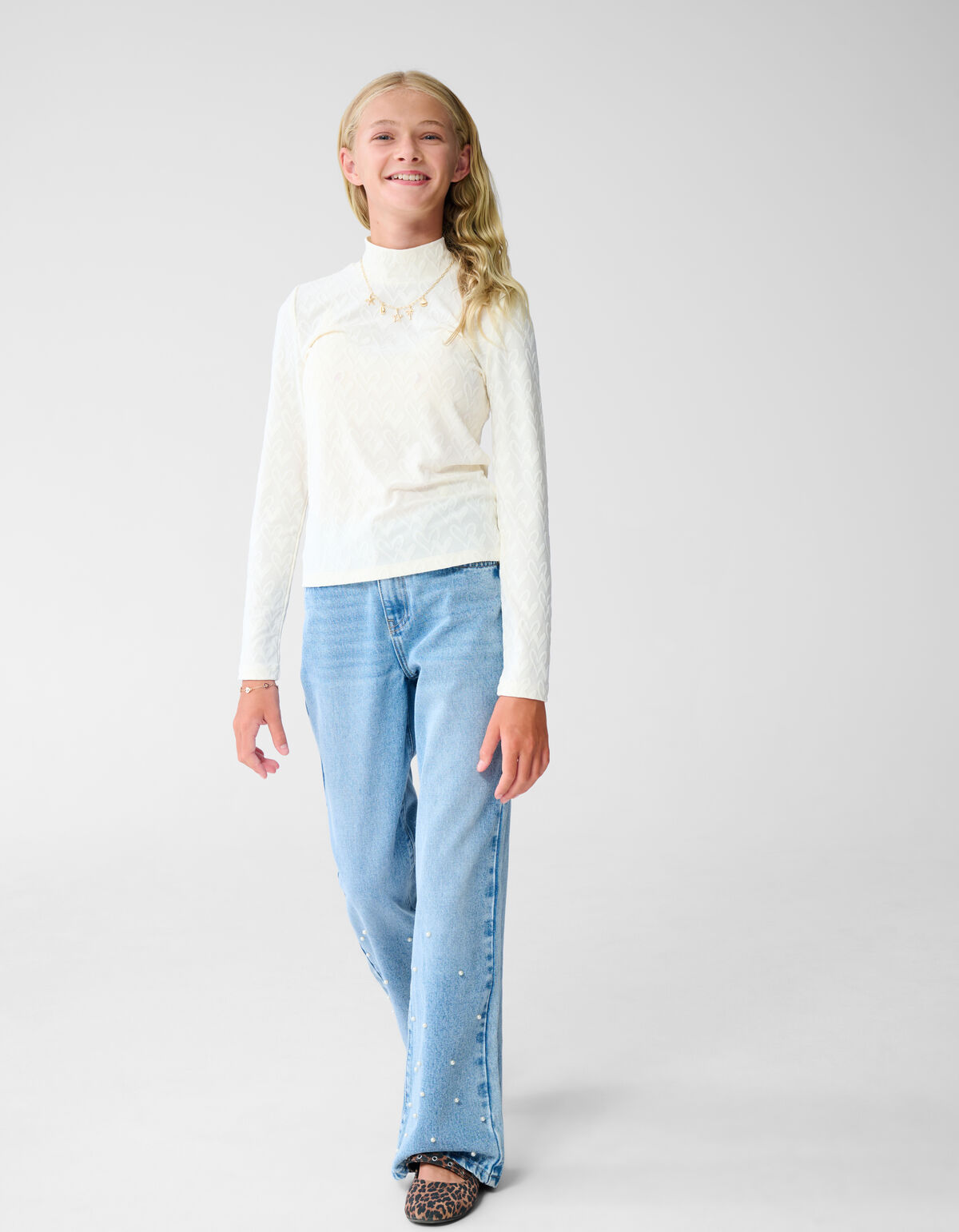 All-Over Heart Longsleeve Top Gebroken Wit