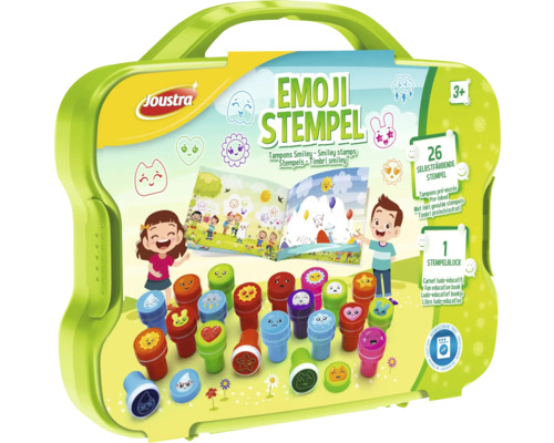 Emoji stempelset, 26 stuks, in een kunststof doosje