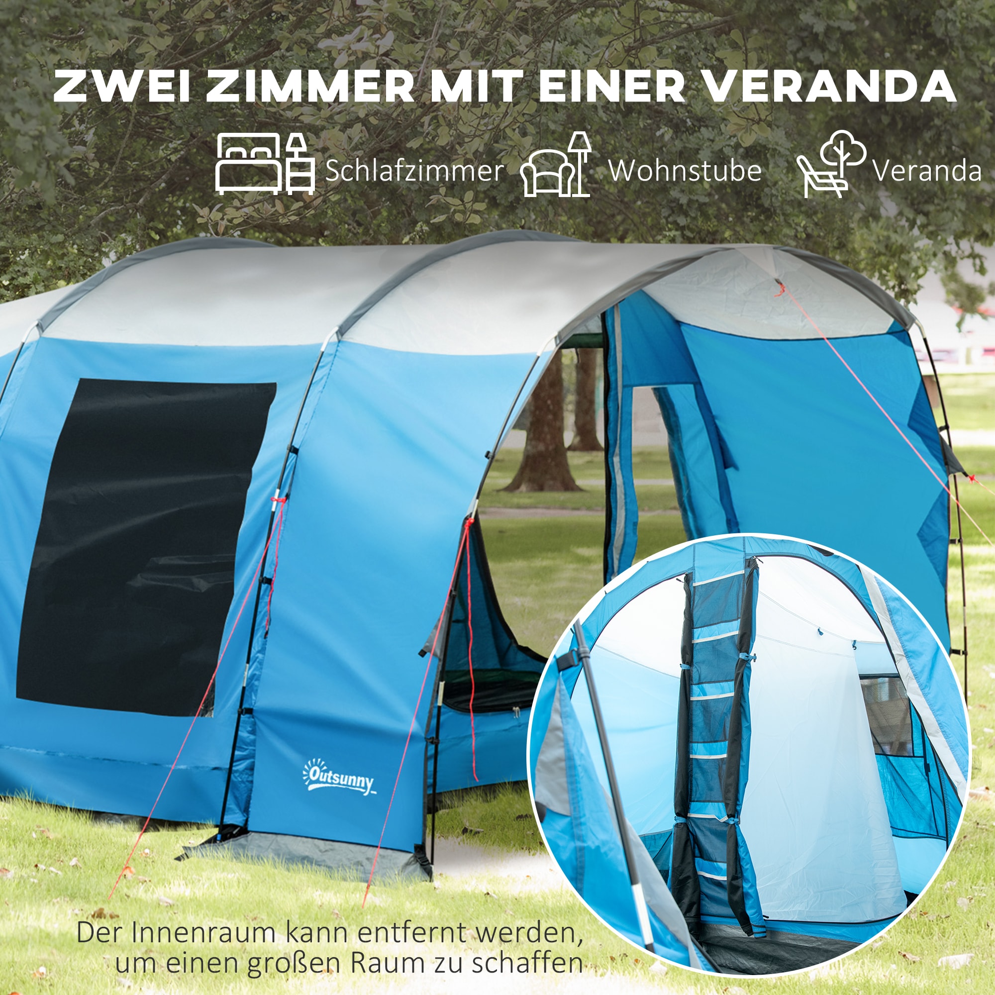Outsunny Campingzelt mit Erdspieße, Tragetasche und Spannseilen blau 445L x 275B x 195Hcm