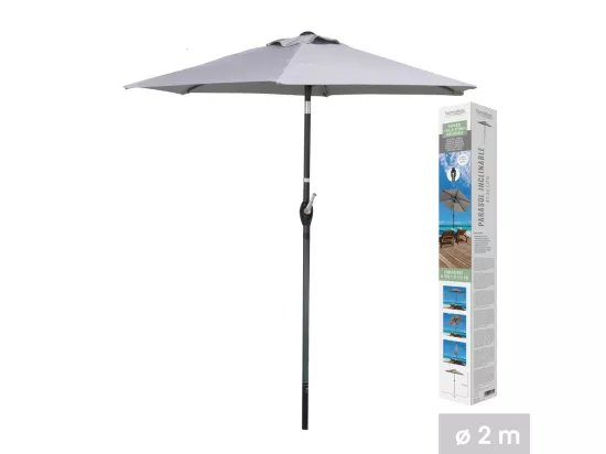 Parasol inclinable gris clair – Ø2m – H2,13m – Acier – Toile polyester 160g/m² – Manivelle