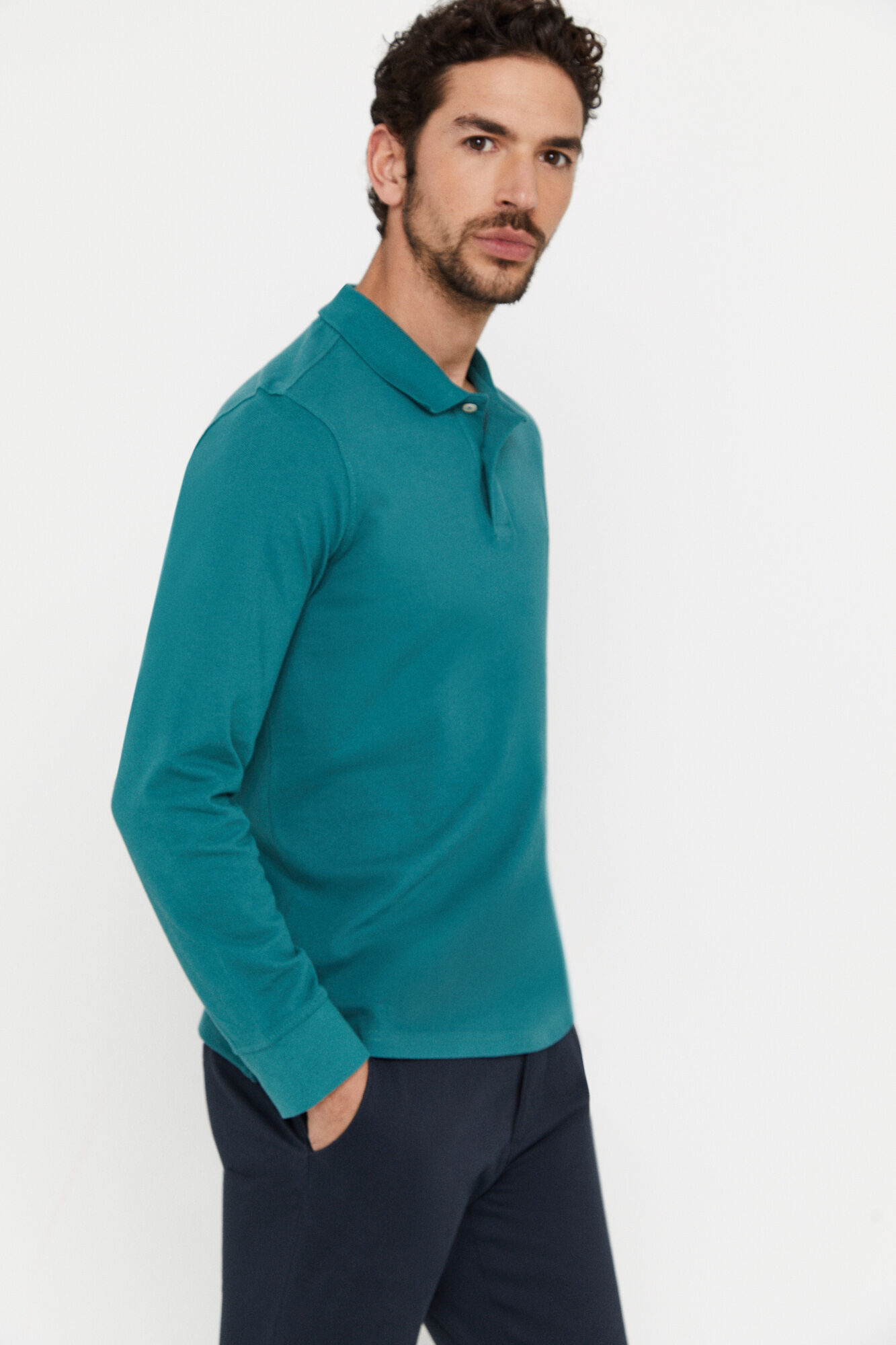 Camisa polo básica de manga comprida - Turquesa
