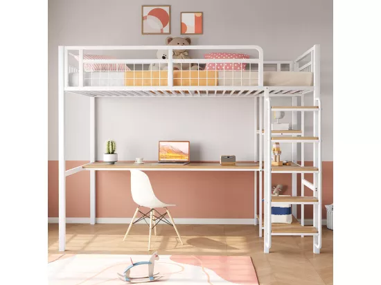 Lit mezzanine 90x200 avec échelle lit enfant avec table et étagère barrière de sécurité grillagée en métal Blanc