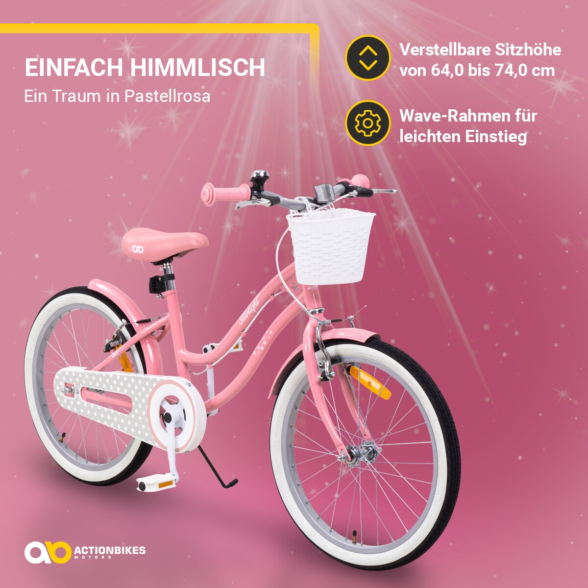 Actionbikes Kinderfahrrad Starlight 20 Zoll, Rosa, Fahrradständer, Korb, Klingel, Kettenschutz (Classic)