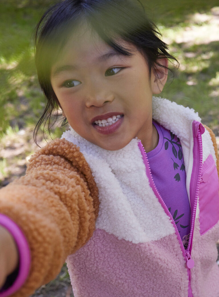 Veste colorblock orange, rose et écru en sherpa fille