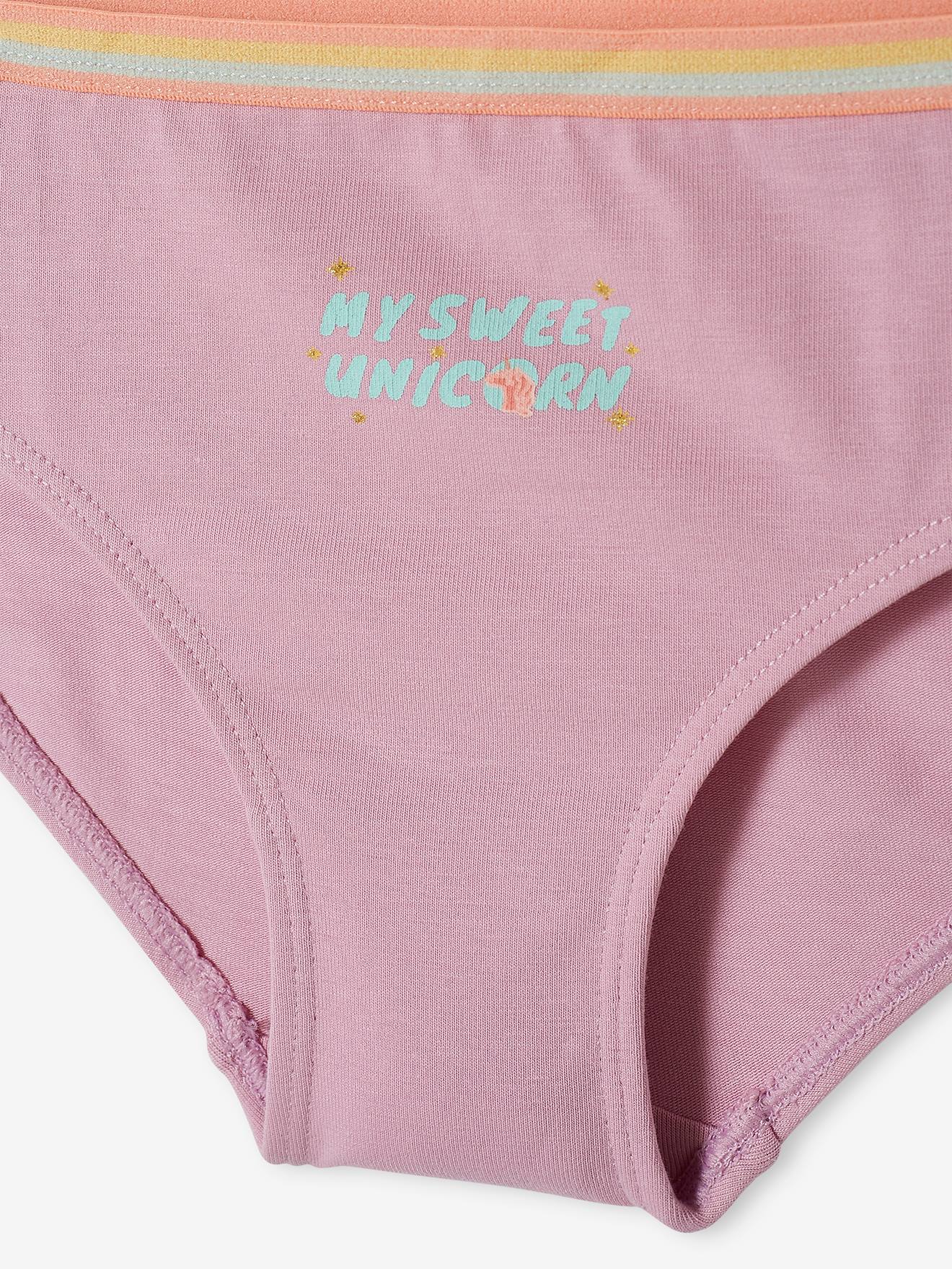 Pacote com 5 calcinhas unicórnio, tamanho médio infantil, lisinhas, violeta com estampas.