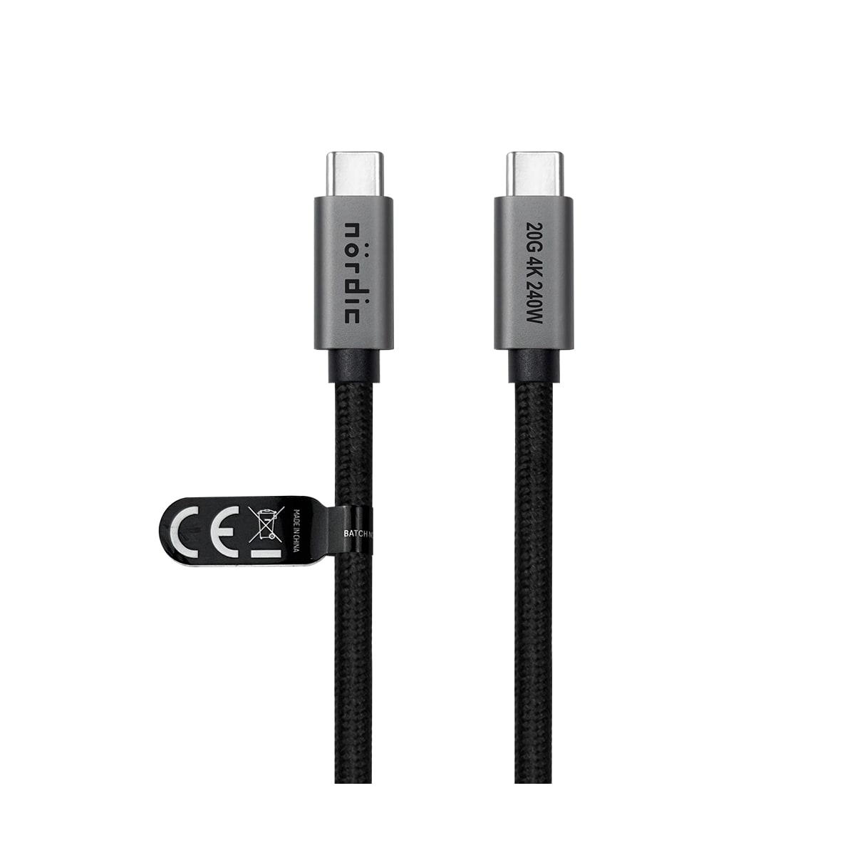 NÖRDIC 25 cm USB 3.2 Gen 2 USB-C til C nylonflettet kabel PD3.1 240W 20G 4K60Hz grå