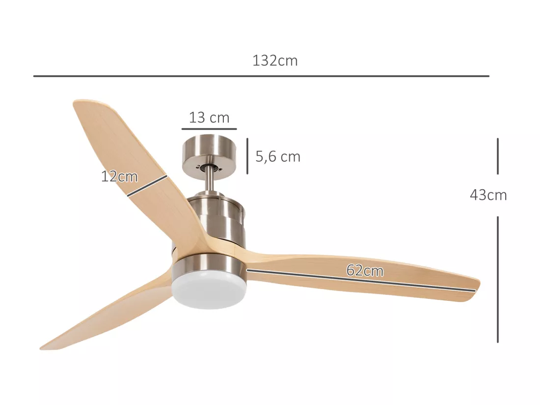 Ventilateur de plafond réversible avec lumière LED 6 vitesses silencieux - télécommande - dia. 132 cm - naturel