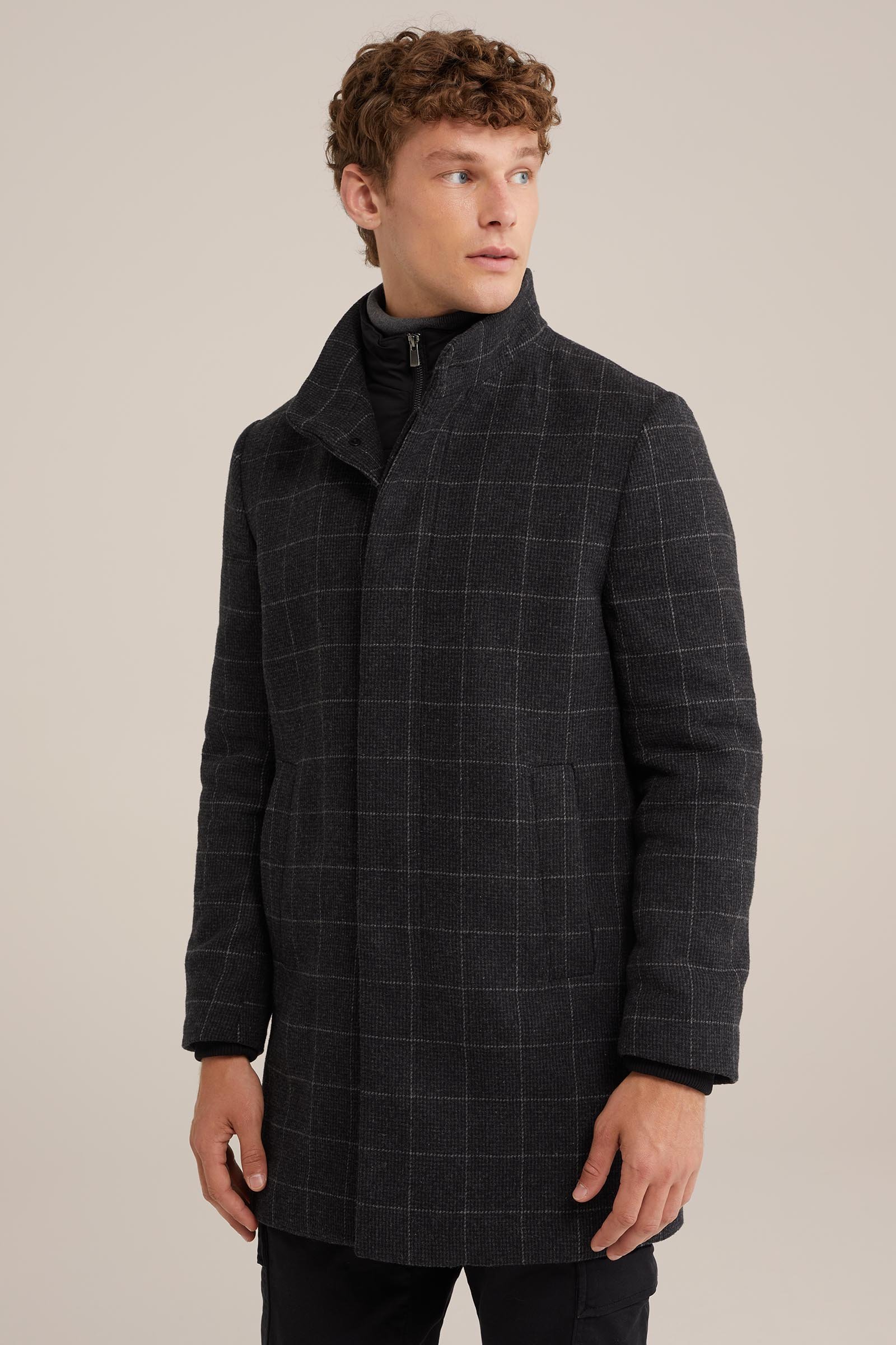geruite overjas met afneembare inzet WE Fashion Donkergrijs