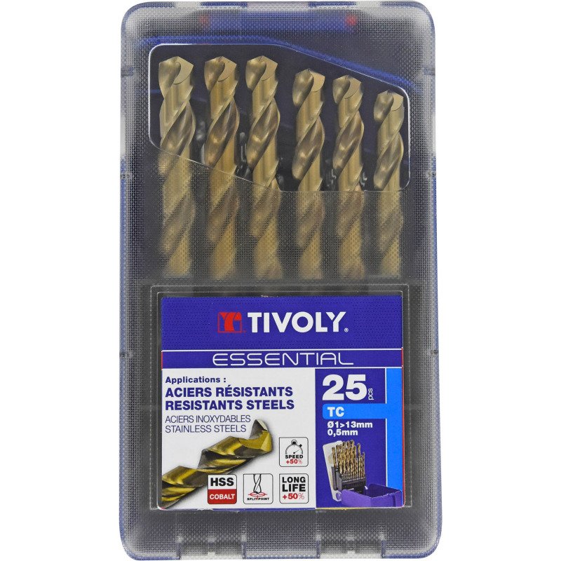 Forets métal HSS-E5 Cobalt 5 % Tivoly Technic Ø 1 à 13 mm - Coffret de 25 pièces