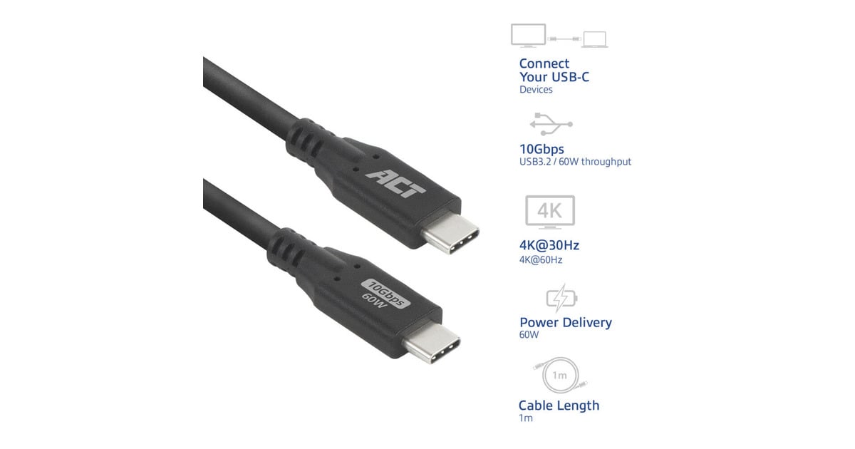 ACT ConnectivityUSB 3.0 10Gbps 60W USB Type-C kabel, 1 meter  (Zwart)