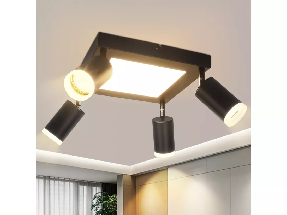 NETTLIFE Spot de plafond 4 ampoules GU10 3000k 20W lampe de cuisine noire blanc chaud lampe de couloir pivotante