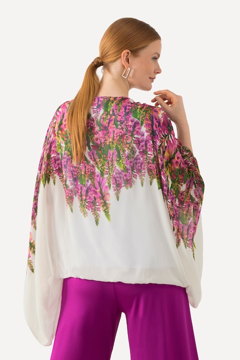 Bluse, Blüten, doppellagig, Rundhals, Halbarm