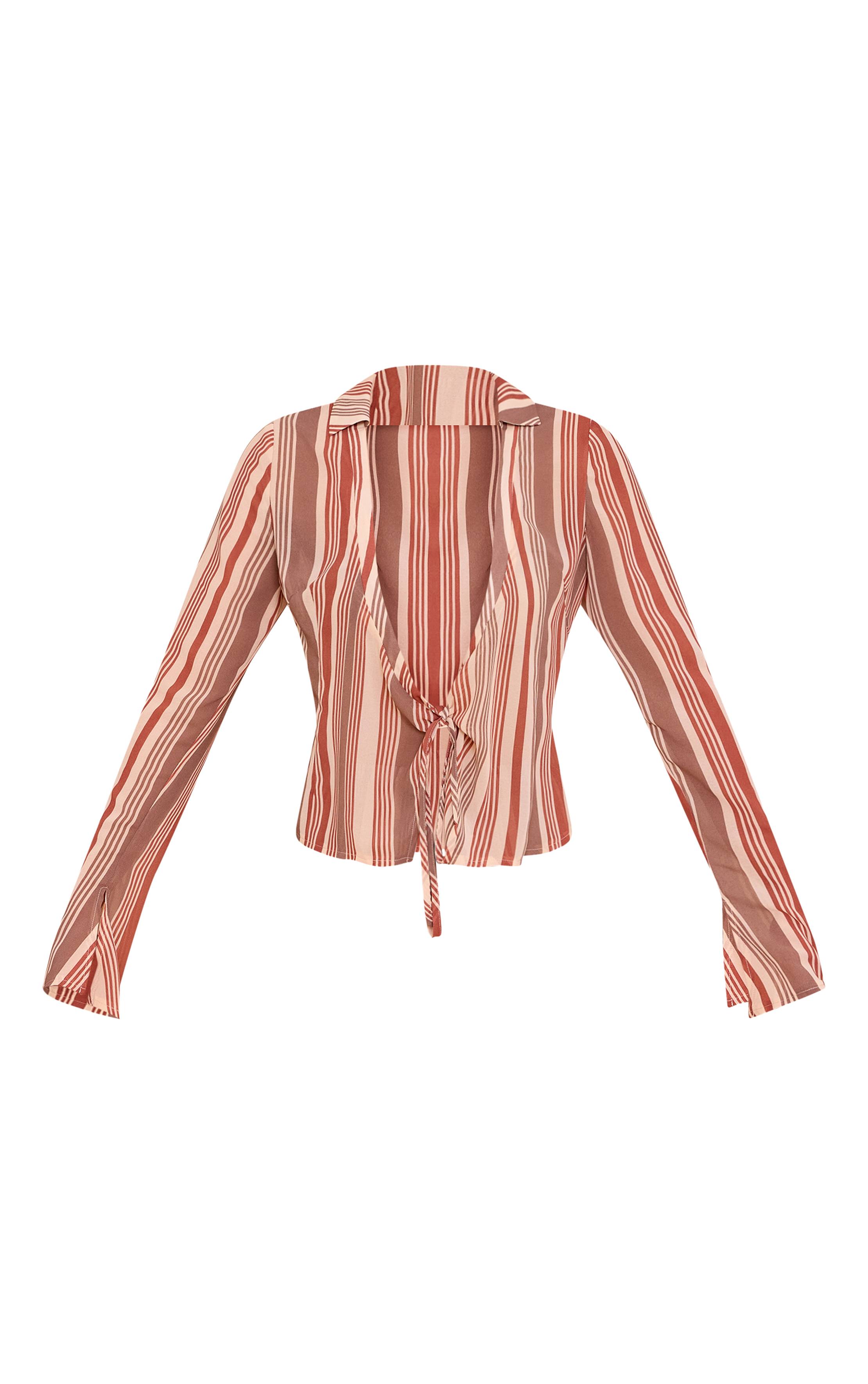 Beige Chemise En Mousseline À Imprimé Abstrait Avec Manches Longues Et Nœud Devant