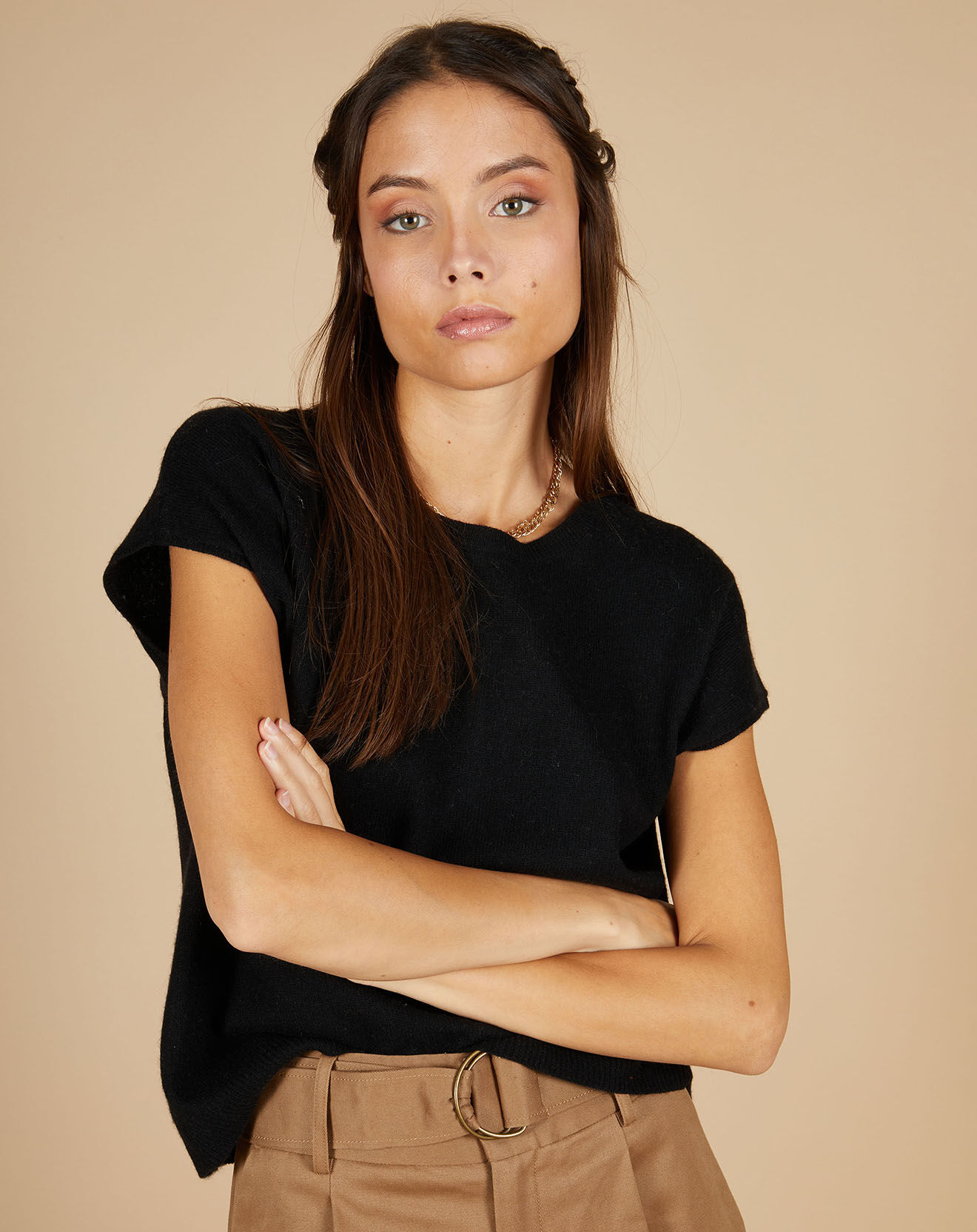 Cashmere Tribu Pull 100% Cachemire manches courtes Charline boutons au dos noir