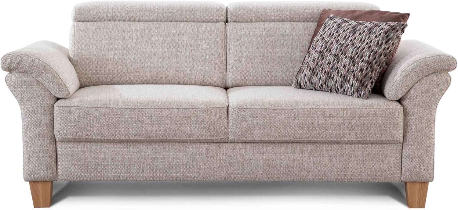 Cavadore 3-Sitzer Sofa Ammerland / Couch mit Federkern im Landhausstil / Inkl. verstellbaren Kopfstützen / 186 x 84 x 93 / Strukturstoff natur