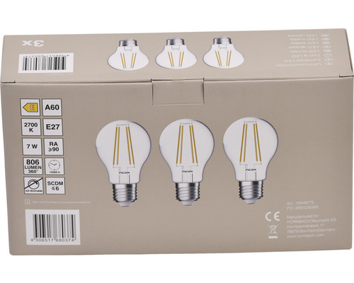 3x LED Lamp A60 E27/7.0W (60W) 806 lm 2700 K warm wit helder 3 stuks