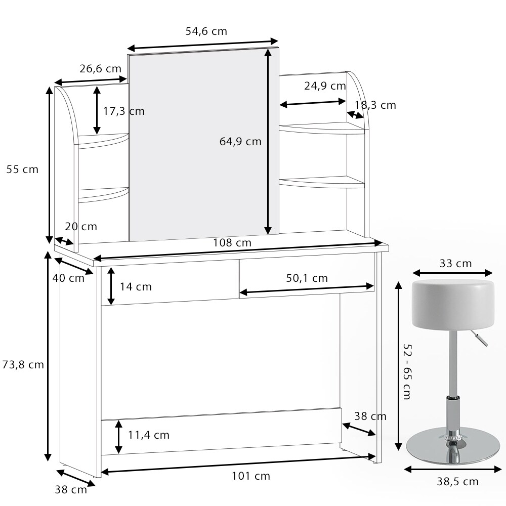 Vicco Schminktisch Charlotte Frisiertisch Frisierkommode Kosmetiktisch Weiß inkl. Designhocker