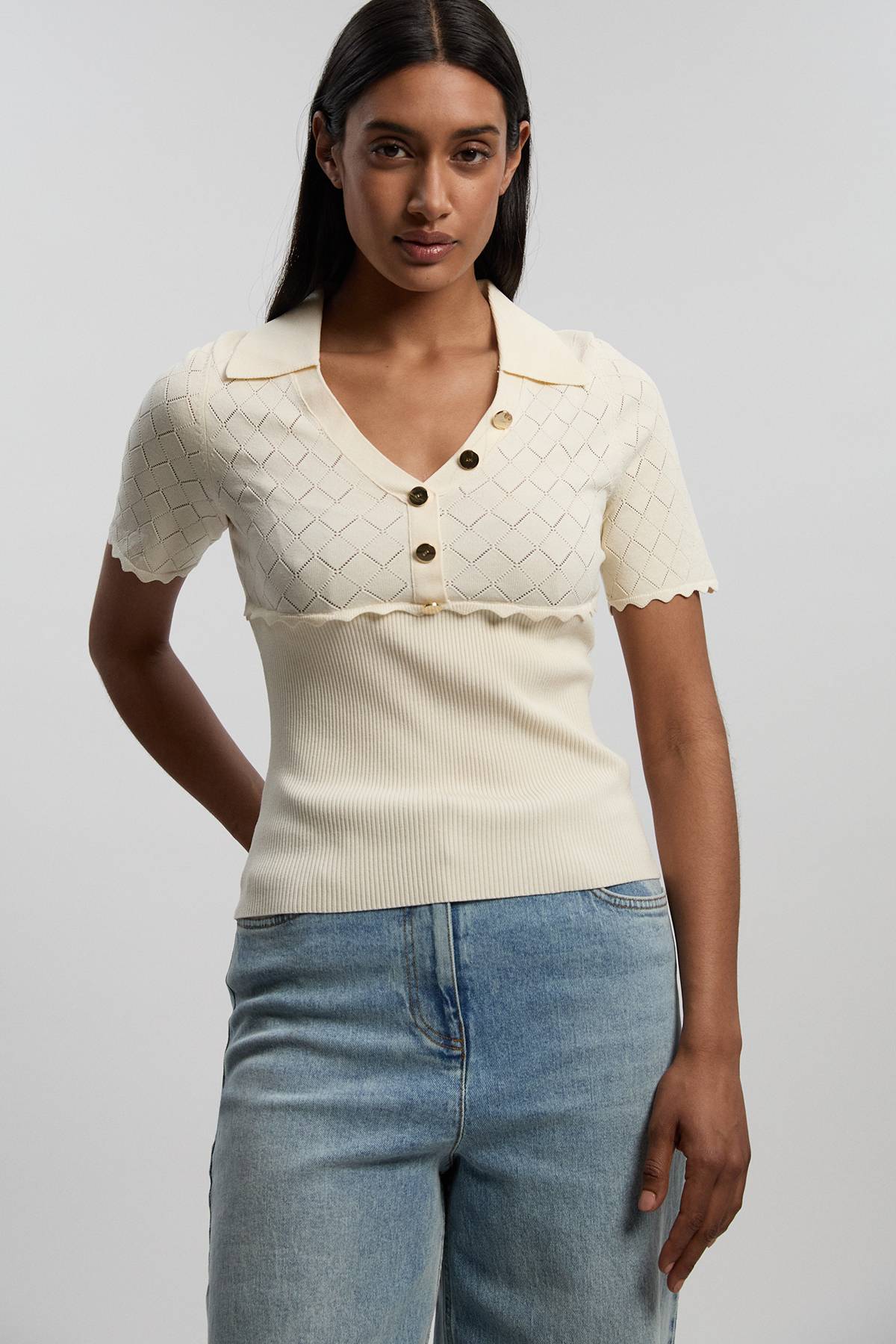 KarenMillen Haut À Manches Courtes Avec Col Côtelé Et Détail Point Tricoté