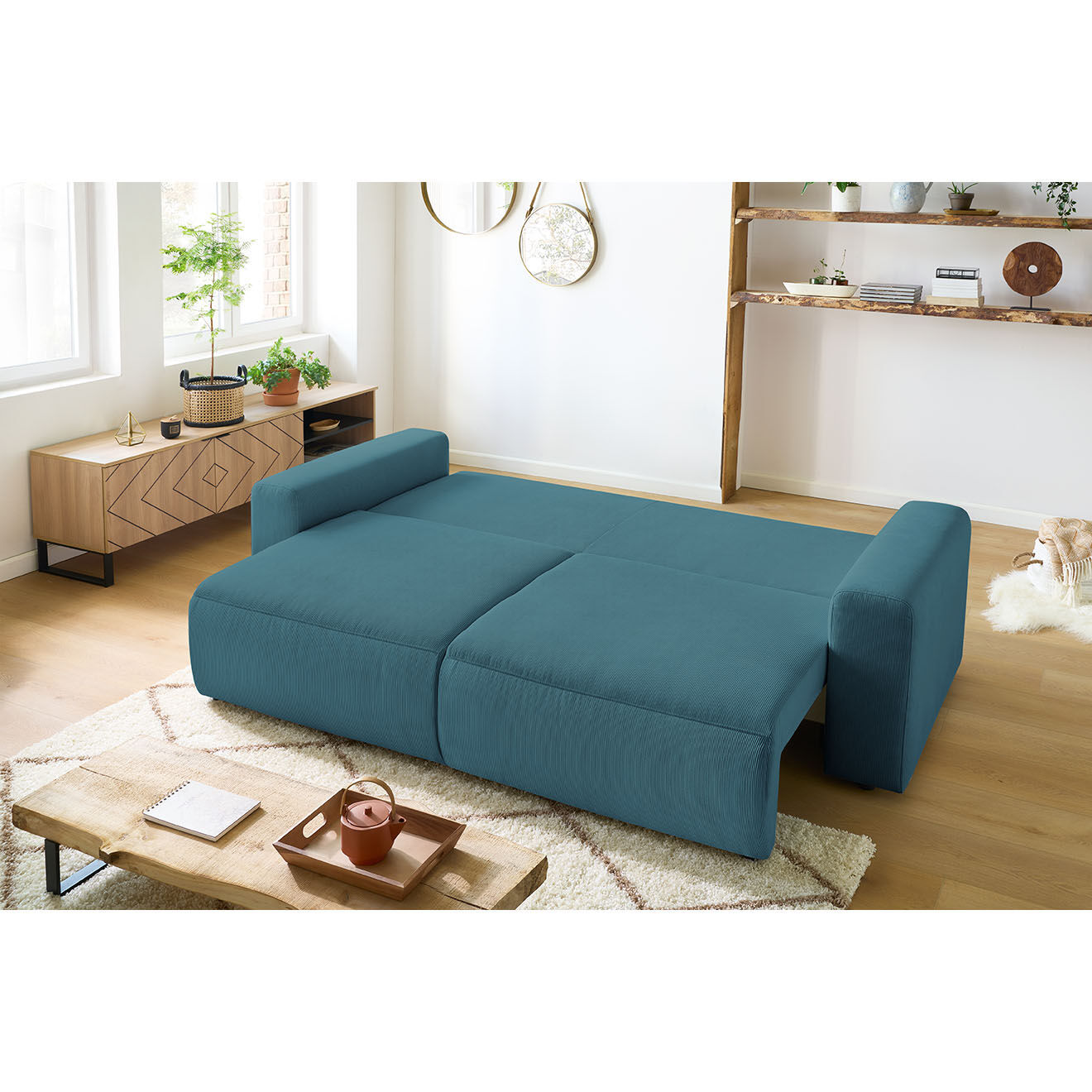 Bobochic Canapé 3 places velours côtelé convertible coffre Envy bleu foncé - 245x102x88 cm