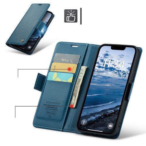 iPhone 16e Leder Tasche Flip Wallet Etui mit Kartenfächern Litchi Look (RFID Schutz) - Blaugrün