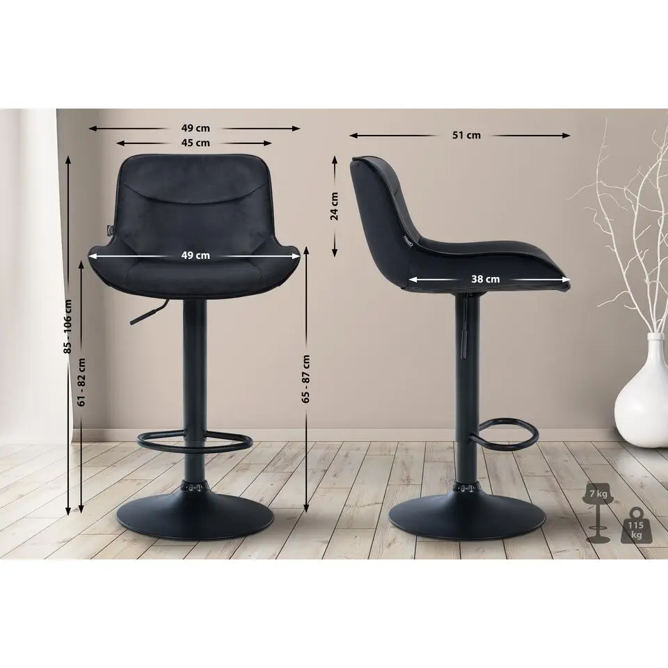 CLP Set van 2 Barkruk Vonore zwart Frame - Fluweel - zwart